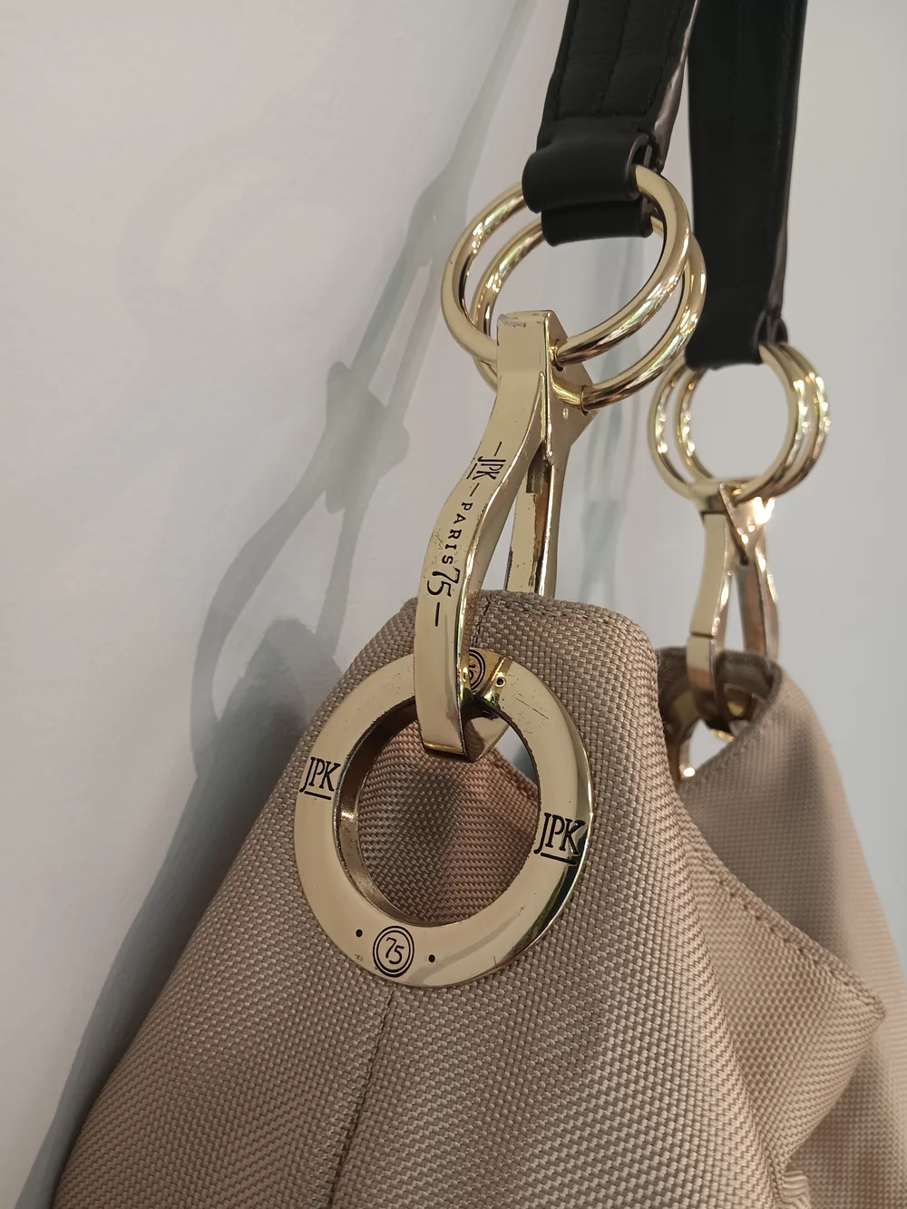JPK Paris 75 Tan/Gold Nylon Hobo Shoulder Bag Gold Hardware Signature Hooks